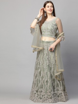 VeeRudra Embroidered Semi Stitched Lehenga Choli(Green)