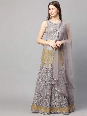 LOGO OF ALPHABET A Embroidered Semi Stitched Lehenga Choli(Grey)