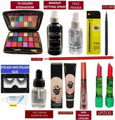 INWISH FACE MAKEUP COMBO SET OF 13 WITH EYESHADOW,MAKEUP SETTING SPRAY MAKEUP FIXER,FACE GEL PRIMER MAKEUP BASE,EYELINER,KAJAL,LIPLINER,ESSENTIAL OIL FACE SERUM,WATERPROOF NON TRANSFER LIQUID MATTE LIPGLOSS,FOUNDATION WITH 2 PIECE MATTE LIPSTICKS & EYELASHES WITH EYE GLUE