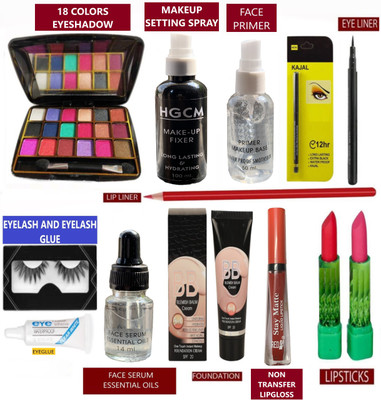INWISH MAKEUP KIT COMBO PACK BOX SET OF 13 WITH EYESHADOW,MAKEUP SETTING SPRAY MAKEUP FIXER,FACE GEL PRIMER MAKEUP BASE,EYELINER,KAJAL,LIPLINER,ESSENTIAL OIL FACE SERUM,WATERPROOF NON TRANSFER LIQUID MATTE LIPGLOSS,FOUNDATION WITH 2 PIECE MATTE LIPSTICKS & EYELASHES WITH EYE GLUE(Pack of 13) INWISH MAKEUP KIT COMBO PACK BOX SET OF 13 WITH EYESHADOW,MAKEUP SETTING SPRAY MAKEUP FIXER,FACE GEL PRIMER MAKEUP BASE,EYELINER,KAJAL,LIPLINER,ESSENTIAL OIL FACE SERUM,WATERPROOF NON TRANSFER LIQUID MATTE LIPGLOSS,FOUNDATION WITH 2 PIECE MATTE LIPSTICKS & EYELASHES WITH EYE GLUE(Pack of 13)