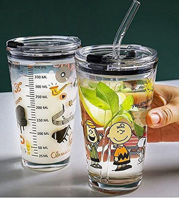 FLOSTRAIN Cartoon Creative Milk Glass Cup/Mug for Kids with Lid & Straw, Set of 2 Glass Coffee Mug(400 ml, Pack of 2)
