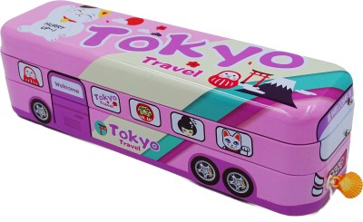dishvy DOUBLE DECKER CITY TRAVEL BUS SHAPE PENCIL BOX CARTOON THEME Bus Style Three Layer Metal Pencil Box, Pencil Case for Kid, Best School Gift Set for Kids, Girls & Teen with Wheel Art Metal Pencil Box(Set of 1, Pink)