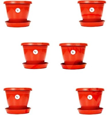 VINSHRA Plastic Planters Pots for Living Room Outdoor Indoor Round Shape Gardening Planters Pot With 8 Inch Bottom Tray Size 12 Inch- Color Red Pack of 6 Pieces Plant Container Set(Pack of 6, Plastic)