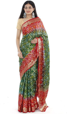 GoVika Self Design Bandhani Art Silk Saree(Green)