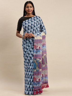 vastranand Digital Print Handloom Linen Saree(Blue)