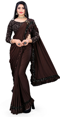 GO RIGHT STORE Printed, Self Design Bollywood Lycra Blend Saree(Brown)