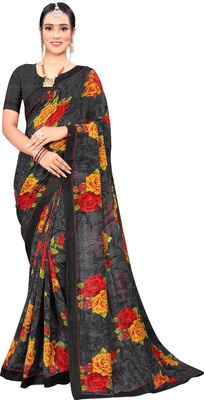 Pbs Prints Floral Print Bollywood Georgette, Silk Blend Saree(Grey)