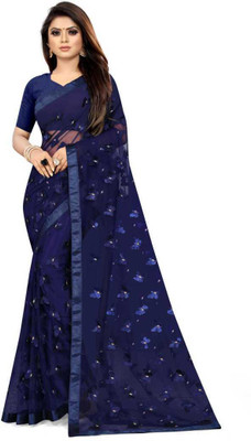 JANVI CREATION Applique Bollywood Net Saree(Blue)