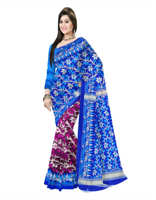 Pradip Fabrics Floral Print Jamdani Cotton Silk Saree(Blue)
