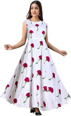 City Craft Women Gown Red, White Maxi/Full Length Dress