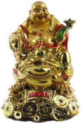 gandak golden laughing buddha on money frog home/car/office/car/shop Decorative Showpiece  -  13 cm(Polyresin, Gold)