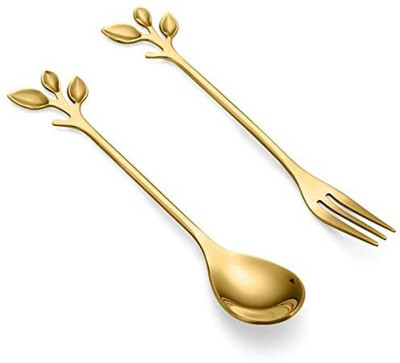 Litvibes Tableware Leaf Dessert Spoon & Fork Gold Set - Set of 1 leaf spoon & 1 leaf fork Stainless Steel Dessert Spoon, Ice-cream Spoon, Table Spoon Set(Pack of 2)