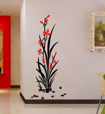 Divine studio 118 cm Red flower plant are planted wall sticker (118cm x 39cm) Self Adhesive Sticker(Pack of 1)