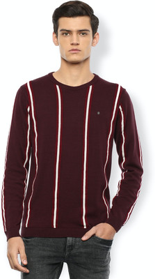 VAN HEUSEN Striped Round Neck Casual Men Maroon Sweater