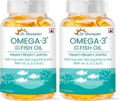 Dr. Morepen Omega 3 Fish Oil 500 mg | DHA & EPA 300mg | No Fishy Burp & Taste | Heart Health(2 x 60 Capsules)