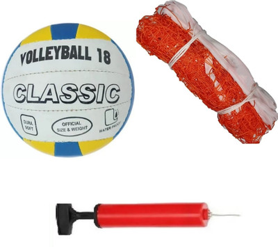 radion RVK classic volleyball kit with nylon net 2.2mm orange ,Air pump Volleyball - Size: 5(Standard, Pack of 3)