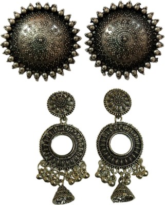 AER Creations Combo Of German Silver Stylish Mirror Jhumki Earrings And 1 Set Of Round Shape Oxidised Earrings For Girls And Women Brass Earring Set