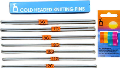 Pony Single Point Round Knob Aluminium Cold Headed Knitting Needles (Grey, Size No. 6 to 12, Length 25cm) Along with 1 Pack of (2 Sizes) Split Stitch Ring Crochet Knitting Markers 24pcs Knitting Pin(Pack of 14)