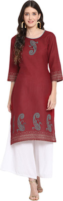 G Kurties Women Block Print Straight Kurta(Maroon)