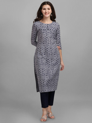 NAINVISH Women Geometric Print Straight Kurta(Black, Grey)