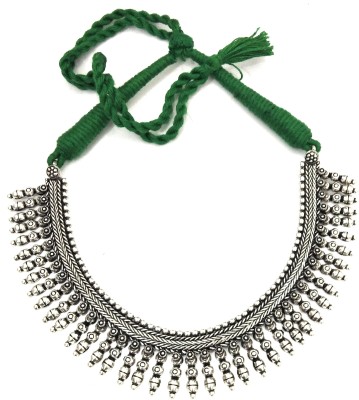 athizay athizay Green Thread Necklaces for Women Antique Silver Oxidised Beads Choker Metal Thread Jewelry for Women and Girl (14cm Tall) Black Silver, Silver Plated Metal Necklace