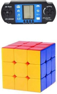 mayank & company combo Toys Pop Station Brain Training Brick Video With Music Hand Handled Brick Game Handheld Gaming Console & 3X3X3 SPEED CUBE HIGH STAYBILITY STICKER LESS SMOOTH SWING FOR FASTER MOVEMENT(Multicolor)