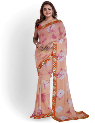 KHATRI AND SONS Blocked Printed Bandhani Chiffon Saree(Orange)