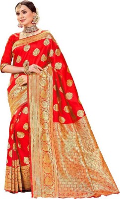 Shoppershopee Woven Kanjivaram Silk Blend Saree(Red, Gold)