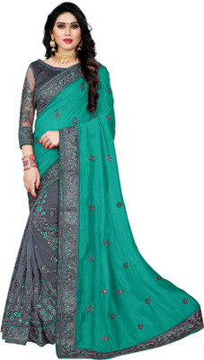 Semizoxis Embroidered, Embellished Bollywood Net, Art Silk Saree(Mustard)