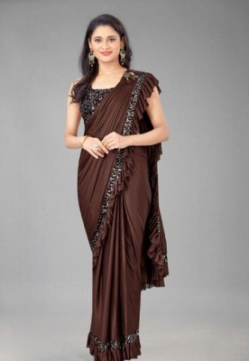 REVENGE CREATION Solid/Plain Bollywood Lycra Blend Saree(Brown)