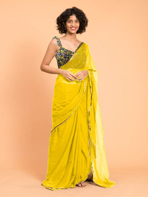 Sareez House Solid/Plain Bollywood Chiffon Saree(Yellow)