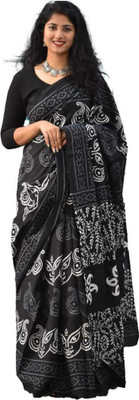 NIKHILAM Printed Bollywood Pure Cotton Saree(Black)
