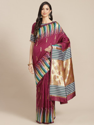 KAVINDI Printed Bollywood Cotton Silk Saree(Multicolor)