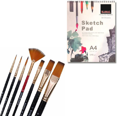 KAMAL Combo Pack of Artist Quality Mix Brush Set for Acrylic Painting and 120LB/140GSM Sketch, Drawings Pad/Book for Artists Alcohol Markers, solvent markers etc. Sketch Pad(50 Sheets, Pack of 9)