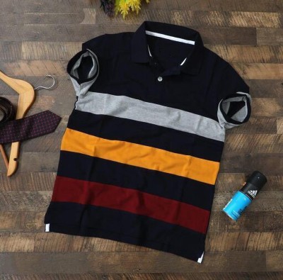 Try This Striped Men Polo Neck Dark Blue T-Shirt