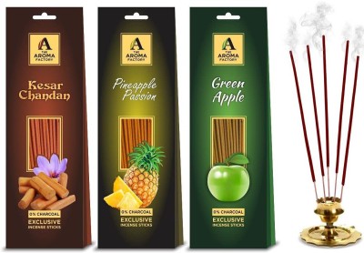 The Aroma Factory Wood Luxury Incense Sticks Pineapple ,Green Apple, Kesar Chandan(268, Set of 3)