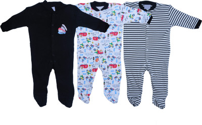 MM IMPEX Romper For Baby Boys & Baby Girls Striped, Printed Cotton Blend(Black, Pack of 3)