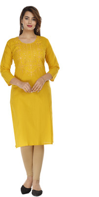 P PRIYA FASHION Women Embroidered Straight Kurta(Yellow)