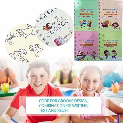 Bark n Bites 4 PCS Reusable Practice Copybook , Sank Magic Exercise Copybook Girls Boys(White)