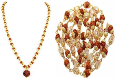 GargiEstore 5 Mukhi Rudraksha Mala Gold-plated Plated Brass Chain Wood Chain 36+1 big beads with crystal rudra combo Gold-plated Plated Brass Chain Brass Chain Set
