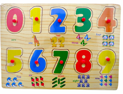 RVM Toys Wooden Colorful Learning Number Puzzle from 0 to 9 Numbers With Pictures Blocks Game with Knob Educational Board Tray for Kids Baby Age 2 3 4 Year(1 Pieces)