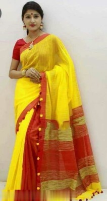 chhanda handloom sarees Printed Bollywood Handloom Cotton Blend Saree(Red, Yellow)