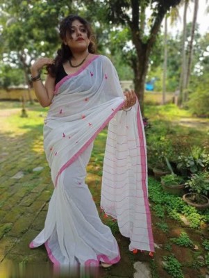 chhanda handloom sarees Self Design Bollywood Cotton Blend Saree(White, Pink)