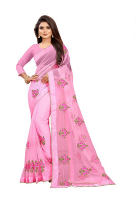 nv patel Embroidered, Floral Print Bollywood Net Saree(Green, Pink)