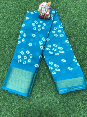MAIMOON CREATION Printed Bandhani Cotton Blend Saree(Light Blue)