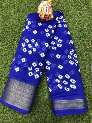 MAIMOON CREATION Printed Bandhani Cotton Blend Saree(Blue)