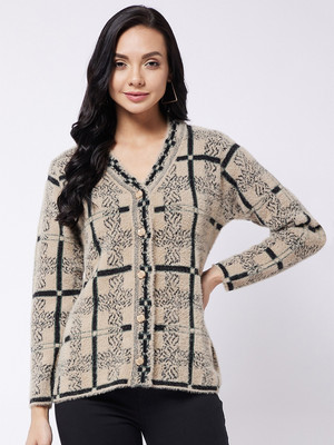 Rivza Checkered, Printed V Neck Casual Women Beige Sweater