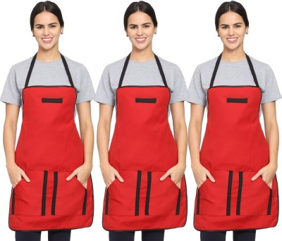 Hooks And Tie Polyester Chef's Apron - Free Size(Red, Pack of 3)