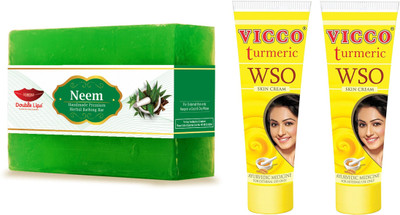 VICCO TUERMERIC WSO CREAM 15 GRM PACK OF 2 + HERBAL HAND MADE PREMIUM BATH SOAP WITH NEEM EXTRACT 100 GRM(3 Items in the set)