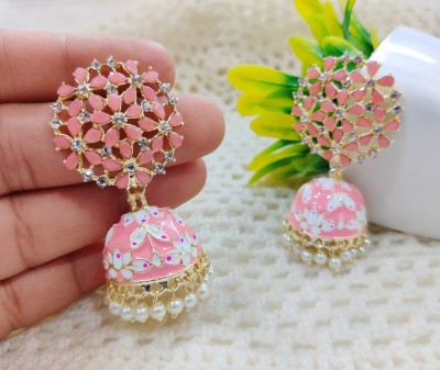 DECOLOGY Stone Tree Meenakari Jhumka For Girls and Women. (Light Pink Color) Brass Jhumki Earring